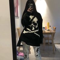 Skull embroidery print Winter Kpop Black Vintage Pullover Harajuku Goth Punk Streetwear Y2K Fashion Casual Loose Womens Sweater