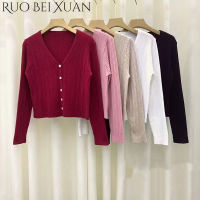 Ruo Bei Xuan เสื้อยืดคาร์ดิแกนคอวีแขนยาวสำหรับผู้หญิง,เสื้อแจ็คเก็ตคาร์ดิแกนกระดุมแถวเดียวสไตล์เกาหลีเสื้อสีทึบ