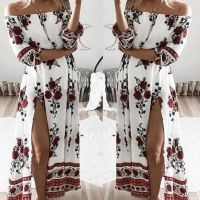 COD DSTGRTYTRUYUY Summer Dresses Boho Style Chiffon Off Shoulder Beach Dress Floral Print Long Maxi Dress