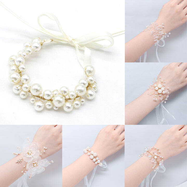 shenggao 1PC Corsage Pearl Bracelet Crystal Bridesmaid Wrist Flower