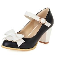 ASILETO New 2021 Ladies Pumps Round Toe 7cm Block Heels Buckle Bowtie Sweet Cute Vintage All-Match Big Size 48 Party S2131