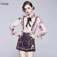 Hepburn Style Anti-Aging Outfits Womens New Autumn Printed Shirt Shorts Two-Piece High Waist Suit