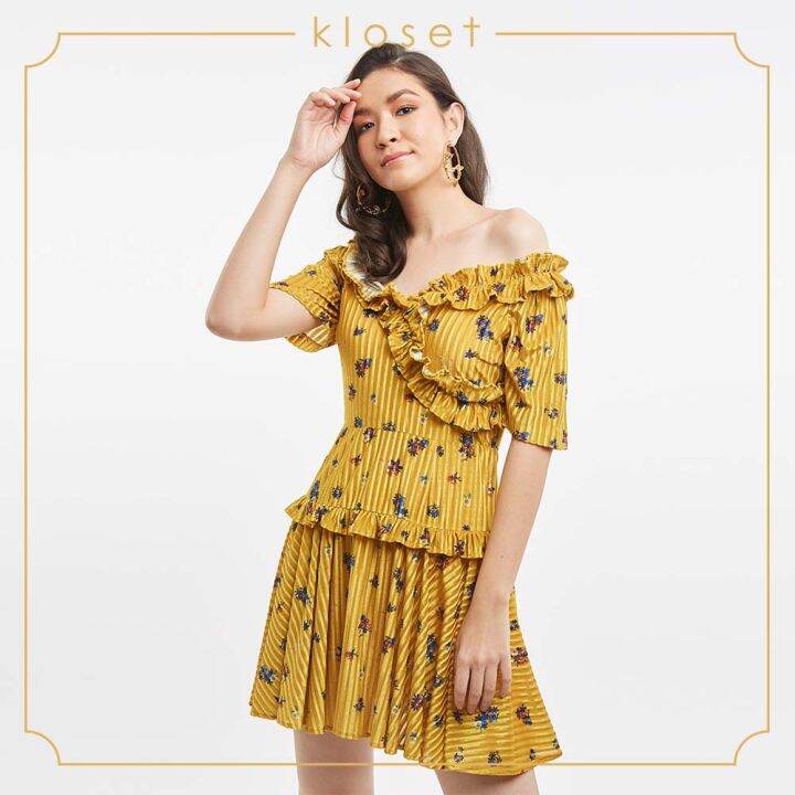 kloset-floral-pleated-dress-with-ruffle-aw19-d004-เสื้อผ้าผู้หญิง-เสื้อผ้าแฟชั่น-เดรสแฟชั่น-เดรสผ้าพิมพ์