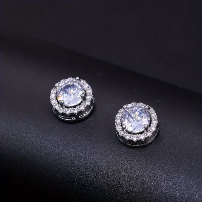 2pcs/pair Circular 4-Claw White Golden Plated Shiny Zircon Earrings, Fashionable Mens Jewelry For Women