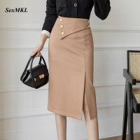 Women High Waist Pencil Skirts 2020 Fashion Knee Length Black Office Skirt High Waist Korean Clothing Button Bodycon Red Skirt