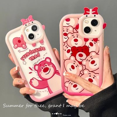 เคสนิ่มเข้ากันได้กับ iPhone 11 12 13 14 Pro Max X XS XR Max 6 6S 7 8 Plus การ์ตูนรูปสตรอเบอร์รี่หมี Lotso 3D โบว์ฝาหลังกันตกเลนส์แบบผูก