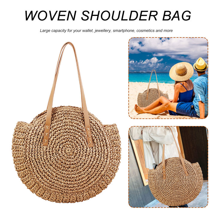 จัดส่งเร็ว-กระเป๋าถือสำหรับชายหาดฟางทรงกลมสำหรับฤดูร้อนผ้าทอขนาดใหญ่กระเป๋าถือสไตล์บาหลี
