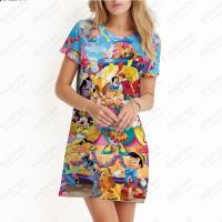 【LZ】∈  Meninas Senhoras Verão Saia Curta Vestido de Manga Curta 3D Impresso Disney Solto A linha Em Torno Do Pescoço Pullover 2023 Nova Grande Princesa