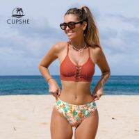 hotx 【cw】 CUPSHE Up Back Mid Waist Sets Swimsuit Floral Cutout Pieces Beachwear 2023 Bathing Swimwear