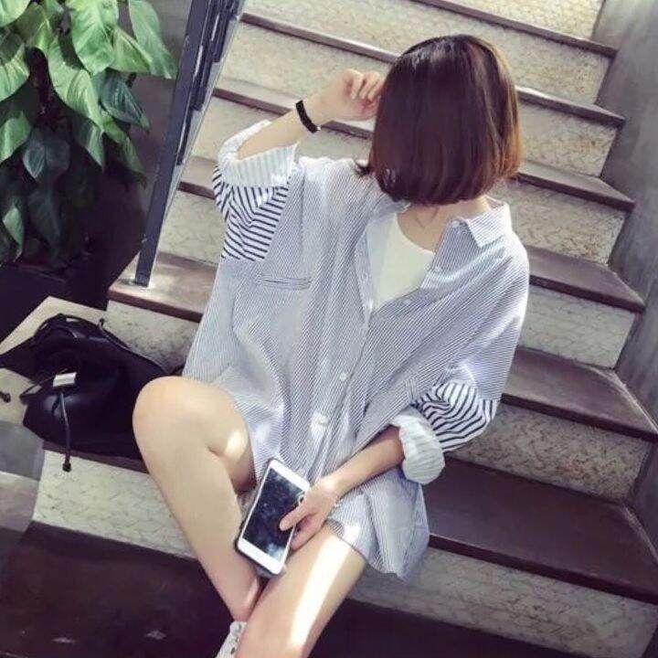พร้อมส่ง-เสื้อเชิ้ตแขนยาวลายทาง-โอเวอร์ไซส์-คอปก-เสื้อเชิ้ตผู้หญิง-คลุมกันแดด-เชิ้ตยาวเกาหลี