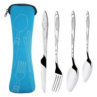 5pcs With Case  Spoon Fork Tableware Travel Portable Dinnerware Stainless Steel Family Camping Outdoor Cutlery Set Picnic Flatware Sets