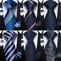 ✓❃▨ New Classic 100 Silk Mens Ties 8cm Blue Plaid Dot Striped Business Necktie Handkerchief Wedding Party Tie Set Gravatas DiBanGu