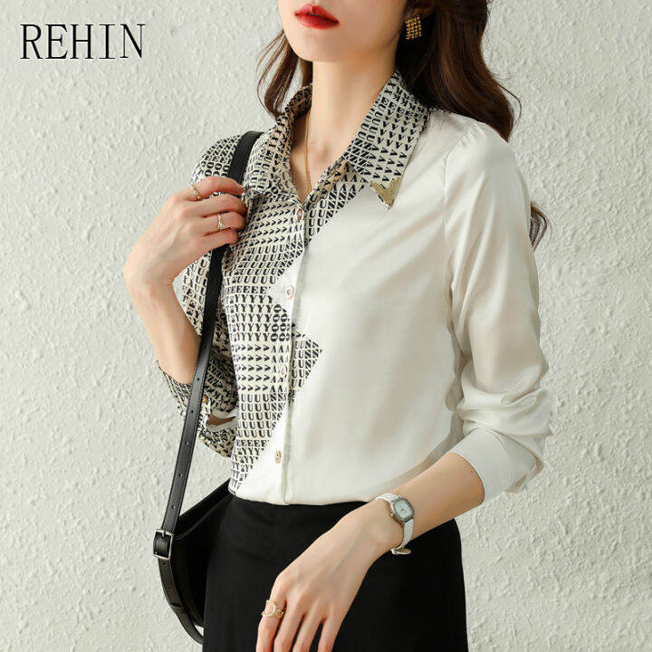 rehin-ผู้หญิงแฟชั่น-collision-ตัวอักษรเย็บเสื้อแขนยาว-elegant-lapel-ใส่ทำงานเสื้อชีฟอง