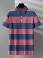 Summer high-end new product pure cotton Polo shirt mens short-sleeved horizontal stripe color block T-shirt horse logo embroidery business casual a 【SSY】