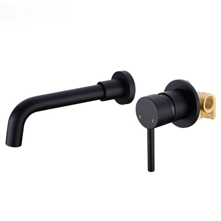 Brass Matte Black Bathroom Sink Faucet Tap Hot Cold Wash Basin Water Swivel Spout Wall Mounted 6738