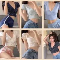 【X-style】8colorxNew floral short cropped navel temperament slim slimming v-neck top crop Top