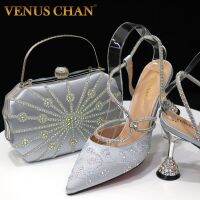 Venus Chan ชุดกระเป๋าและรองเท้ารองเท้าส้นสูงสง่างามลายดอกพลอยเทียมสีเงินแนวโน้มแฟชั่นสำหรับ2023ปาร์ตี้ไนจีเรีย