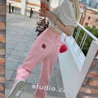 Autumn New Women Korean Fahion High Waist Embroidered Pink Jeans Loose Slim Wide Leg Pants Trousers กางเกงวนิเทจ