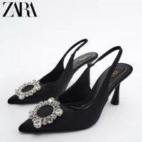 Summer Za.raˉnew 2022 womens shoes black rhinestone decorations elegant and versatile slingback high-heeled pointed sandals for women