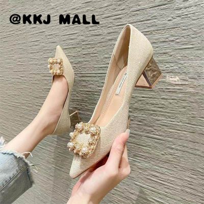 KKJ MALL French Small Thick Heel High Heels 2021 Autumn Fashion Pearl Rhinestone Buckle Pointed Toe Mid-heel Shoes