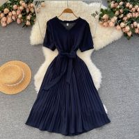 ﺴ△∈ Plain Short Sleeve Dress Women Korean V-neck High Waist Pleated Midi Dresses