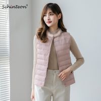 ZZOOI Schinteon Women White Duck Down Sleeveless Vest Light Down Waistcoat with Real Mink Fur Collar Inside Top Autumn Winter Coat