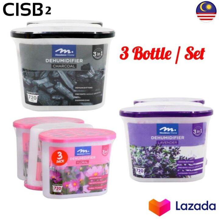 3 Bottle Set 720ml Meadows Dehumidifier Charcoal Absorb Humidity