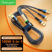 Greenyeah 3 IN 1 6A 100W USB C สายชาร์จสำหรับ iPhone 11 13 USB เป็น Type C Micro Nylon สายสำหรับซัมซุงสายข้อมูลเรดหมี่หัวเว่ย