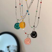 Colorful Dripping Smiling Face Pendant Necklace for Delicate Beaded Clavicle