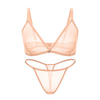 Varsbaby Sexy Hollow Yarn Underwear Set Deep V Transparent Bra Sexy Thong Unlined Set