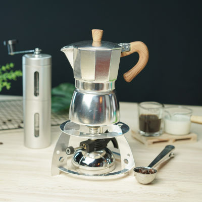 (สีเงิน) ชุดเตาแก๊สมินิ + กาต้มมอคค่าพอท Moka pot + เครื่องบดมือหมุน + 2-1 ช้อนตักกาแฟ