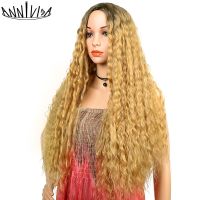 【CW】 Annivia Curly Wigs Synthetic Wavy Wig With Middle Parting Ombre Blonde Glueless Hair 26 quot;