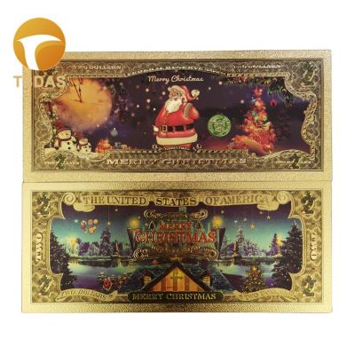 ธนบัตรทอง24K ชุบทอง2เหรียญเป็นของขวัญคริสต์มาสที่ระลึกซานตาคลอสสุขสันต์วันคริสต์มาส1ชิ้นสีสันสดใส