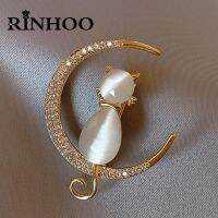 Rinhoo Cute Elegant Cat Sitting On The Moon Brooches For Women Cartoon Opal Stone Zircon Kitten Animal Casual Party Corsage Gift