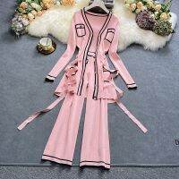 【DT】hot！ Knitted Outfits Mid Length V-neck Cardigan 2 Piece Sets With Knitwear Wide Leg Pants Tracksuits