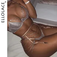 Ellolace Sparkle Chain Push Up ชุดยกทรงและกางเกงผู้หญิง Rhinestone Intimates ชุดชั้นในชุดชุดชั้นใน Bralette เซ็กซี่สั้นชุด