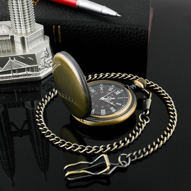จี้นาฬิกาควอตซ์แต่งเงินนาฬิกาพกสีดำผู้ชายเรียบแบบย้อนยุคพร้อมห่วงโซ่