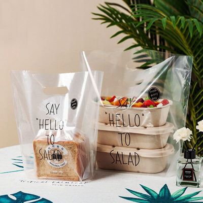 50pcs Transparent Printed Baking Portable Plastic Salad Dessert Bread Cake Food Packaging Takeaway Hand Bags