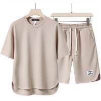 ❀❀ new short-sleeved t-shirt set waffle casual all-match sports thin section loose mens summer