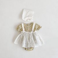 2021Summer baby girls fashion 3pcs outfits short sleeve floral romper and white overalls dress with cap