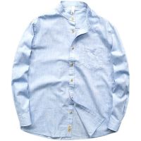 Full marks recommended elegant gentleman spring and summer thin mens stand collar linen long-sleeved shirt trendy cotton and linen casual shirt 【JYUE】