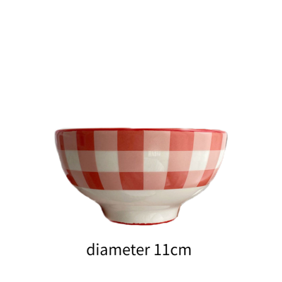 Korean Retro Red Plaid Bowl Ceramic Rice Bowl One Person Tableware Breakfast Bowl Salad Bowl