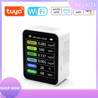 Keykits-Tuya WiFi แบบพกพาโฮมออฟฟิศในร่มสก์ท็อปเครื่องตรวจจับคุณภาพอากาศ6 In 1มัลติฟังก์ชั่ตรวจจับ TVOC CO2ก๊าซ CH2O อุณหภูมิความชื้นการตรวจสอบอัจฉริยะเชื่อมโยงโทรศัพท์มือถือ APP รีโมทดู