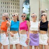 New!! Crop รุ่นใหม่? (300฿ฟรีส่ง) สาวๆต้องไม่พลาด จัดเสื้อครอปแขนกุดผ้าทอ ดีเทลสายผูกโบว์ด้านข้าง amuse move on