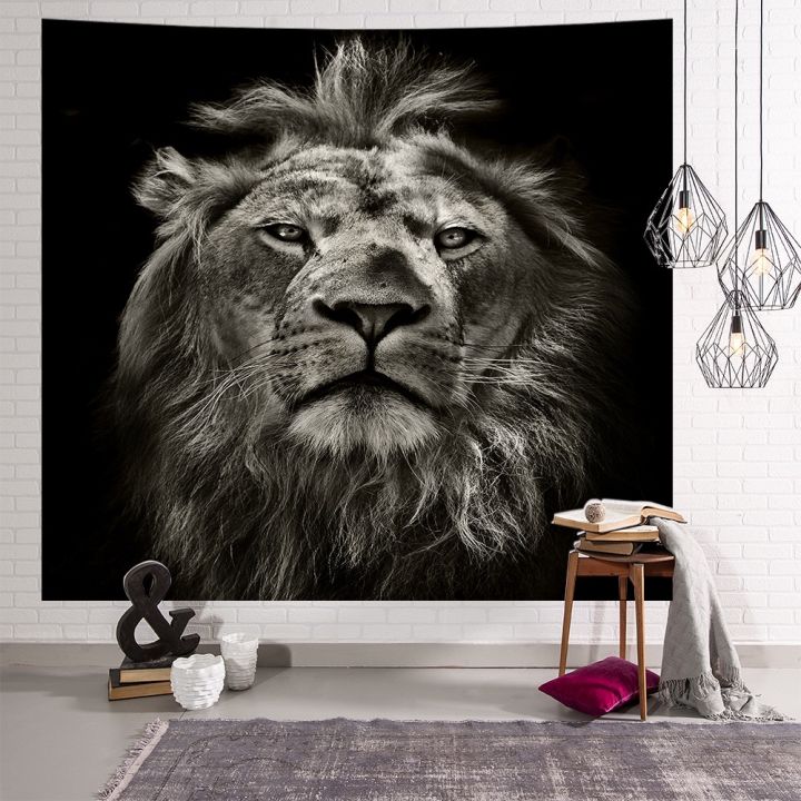 warm-nordic-ins-animal-tapestry-american-home-decoration-hanging-cloth-mural-beach-towel-tapestry-black-and-white-lion-printing-blanket