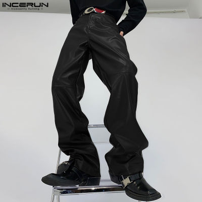 INCERUN กางเกงหนังเทียมสำหรับผู้ชายดูเปียกกางเกงขายาวทรงหลวมสำหรับปาร์ตี้ฮิปฮอปปี้กางเกงขายาวขากว้าง (สไตล์เกาหลี)