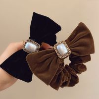 ∋☢ Retro French Hair Bows Bands Velvet Bowknot Scrunchies Elegant Korean Pearl Ponytail Holder Women Elastic Rope Headwear