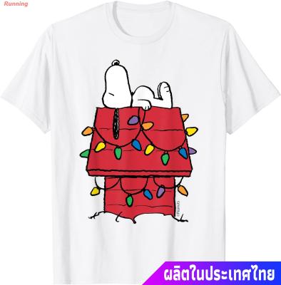 Running เสื้อยืดยอดนิยม Peanuts Snoopy Doghouse Christmas Lights T-Shirt Mens Womens T-shirts