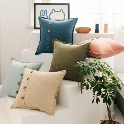 45x45cm Nordic Simple Solid Color Button Linen Sofa Cushion Cover Home Coffee Shop Hotel Decor Pillowcase