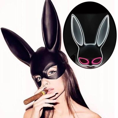 ชุดหน้ากากกระต่ายคอสเพลย์สำหรับผู้หญิงเซ็กซี่หน้ากากงานรื่นเริงกระต่ายไฟ LED ส่องสว่างครึ่งหน้าอุปกรณ์เสริมการแสดงบนเวที